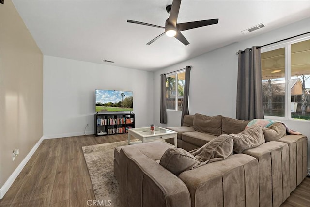 28867 Glencoe Ln, Menifee, CA 92584 - living room featuring ceiling fan, wood finished floors, and baseboards