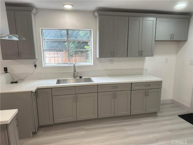 4300 Bancroft Dr, La Mesa, CA 91941 - kitchen featuring a sink, gray cabinetry, wall chimney range hood, and light wood finished floors