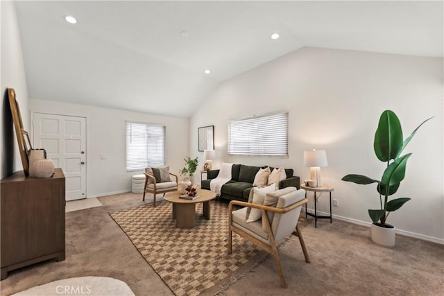 22972 Caminito Linda, Laguna Hills, CA 92653 - living room with lofted ceiling, carpet flooring, baseboards, and recessed lighting