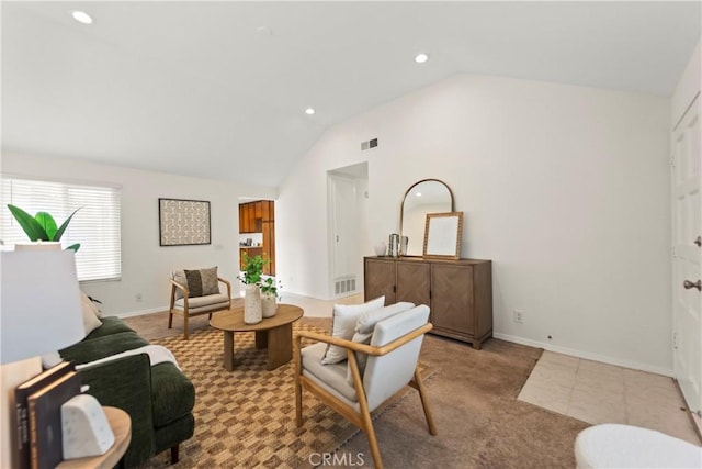 22972 Caminito Linda, Laguna Hills, CA 92653 - living area with vaulted ceiling, recessed lighting, baseboards, carpet floors, and tile patterned flooring