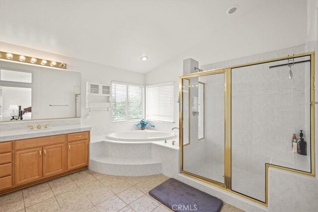 20333 Wynfreed Ln, Porter Ranch, CA 91326 - full bath with a bath, vanity, tile patterned floors, a shower stall, and lofted ceiling