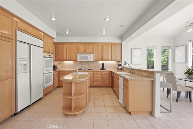 20333 Wynfreed Ln, Porter Ranch, CA 91326 - kitchen featuring white appliances, a peninsula, open shelves, a kitchen breakfast bar, and light tile patterned flooring