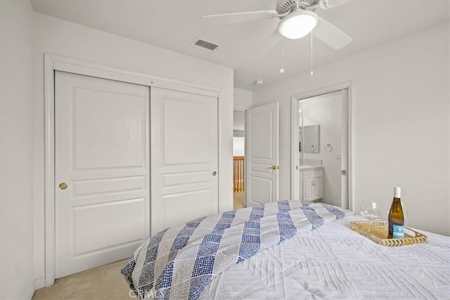 20333 Wynfreed Ln, Porter Ranch, CA 91326 - bedroom with a closet, light colored carpet, ensuite bath, and a ceiling fan