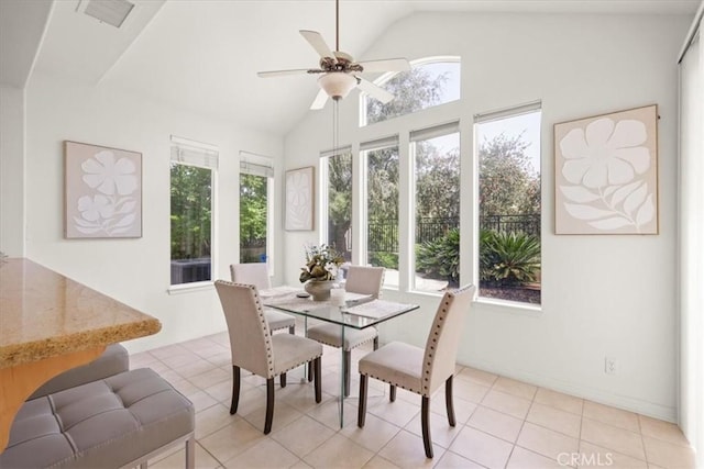20333 Wynfreed Ln, Porter Ranch, CA 91326 - dining space featuring healthy amount of natural light, a ceiling fan, light tile patterned flooring, and high vaulted ceiling