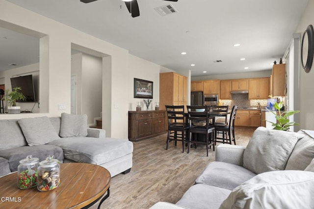 371 Huerta St, Oxnard, CA 93030 - living room featuring a ceiling fan, light wood-style floors, and recessed lighting