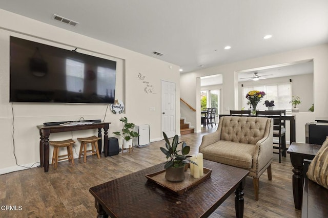 371 Huerta St, Oxnard, CA 93030 - living area featuring wood finished floors, stairway, recessed lighting, and ceiling fan
