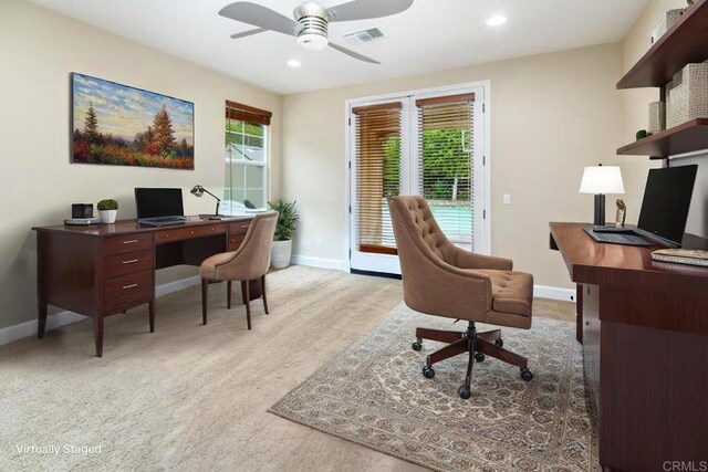 6851 Helenite Pl, Carlsbad, CA 92009 - office area with ceiling fan, baseboards, light carpet, and recessed lighting