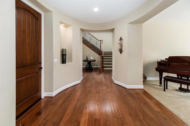 6851 Helenite Pl, Carlsbad, CA 92009 - foyer featuring baseboards, wood finished floors, stairs, and recessed lighting