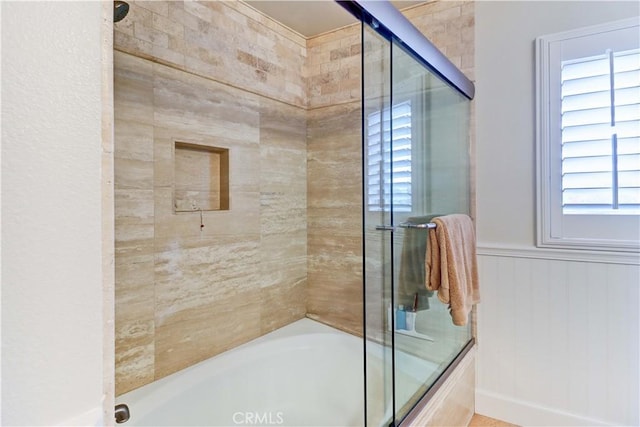 34155 Calle Ln, Primavera, Dana Point, CA 92629 - bathroom with plenty of natural light, shower / bath combination with glass door, and wainscoting
