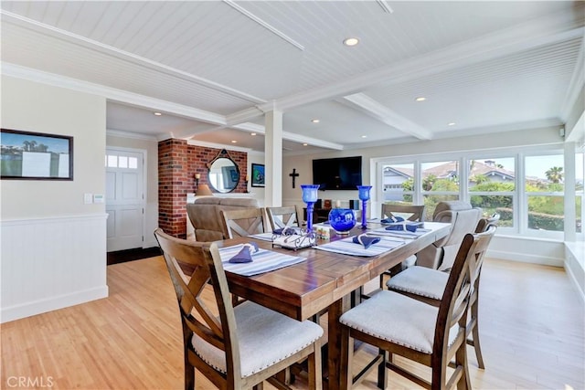 34155 Calle Ln, Primavera, Dana Point, CA 92629 - dining room with light wood-style flooring, beamed ceiling, plenty of natural light, wainscoting, and ornamental molding