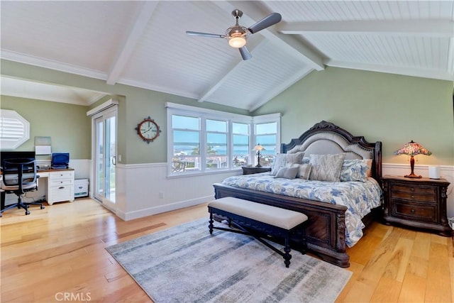 34155 Calle Ln, Primavera, Dana Point, CA 92629 - bedroom with an office area, hardwood / wood-style floors, a wainscoted wall, access to exterior, and ceiling fan