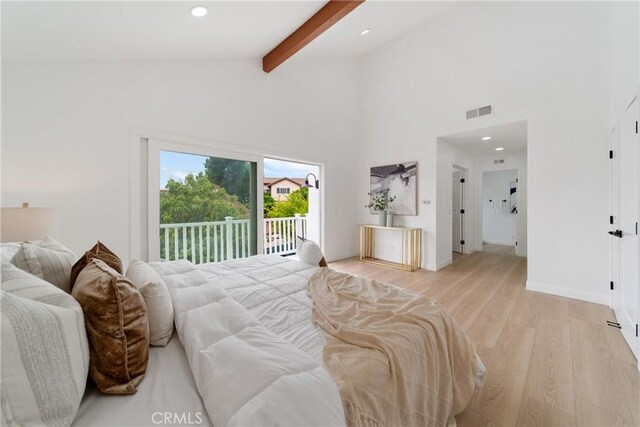 16247 Elza Dr, Hacienda Heights, CA 91745 - bedroom featuring access to exterior, beamed ceiling, light wood-style flooring, high vaulted ceiling, and recessed lighting
