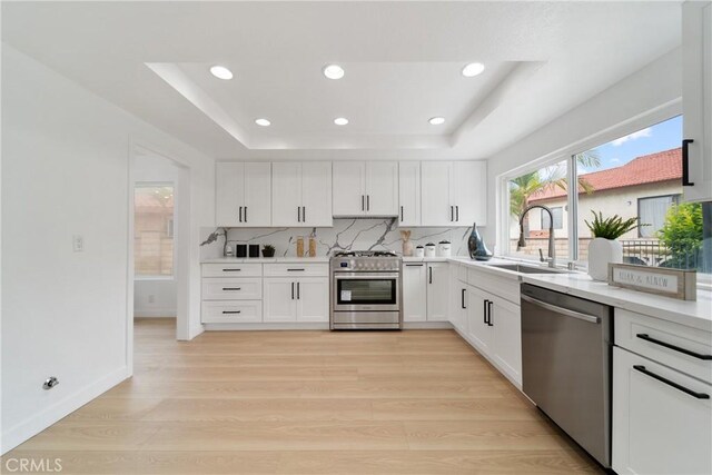 16247 Elza Dr, Hacienda Heights, CA 91745 - kitchen with stainless steel appliances, a sink, light wood finished floors, a raised ceiling, and recessed lighting