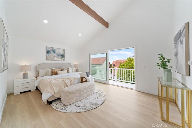 16247 Elza Dr, Hacienda Heights, CA 91745 - bedroom featuring access to exterior, beam ceiling, high vaulted ceiling, light wood finished floors, and baseboards