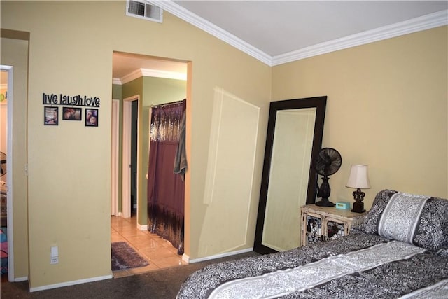 920 Nettle Ct, Corona, CA 92878 - carpeted bedroom with crown molding, tile patterned flooring, and baseboards