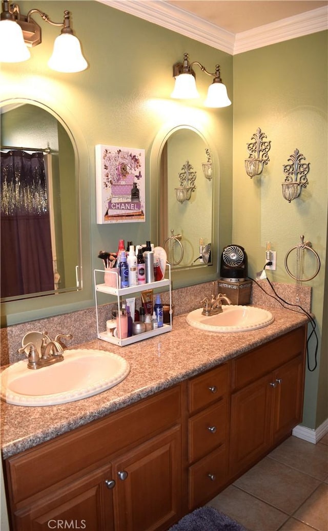 920 Nettle Ct, Corona, CA 92878 - full bath with double vanity, ornamental molding, and tile patterned flooring
