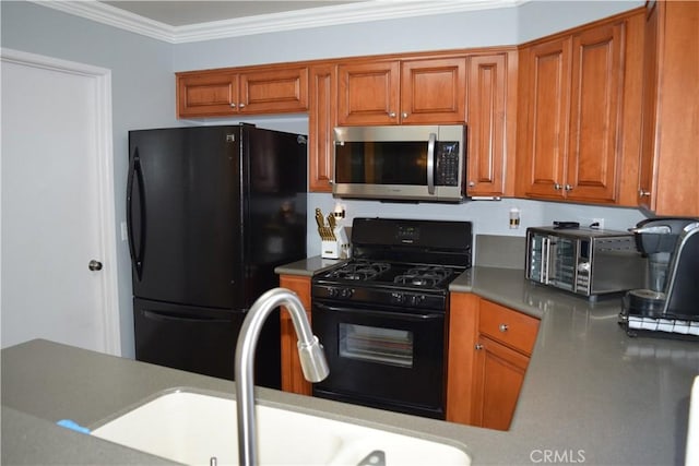 920 Nettle Ct, Corona, CA 92878 - kitchen featuring black appliances, ornamental molding, a sink, brown cabinetry, and light countertops