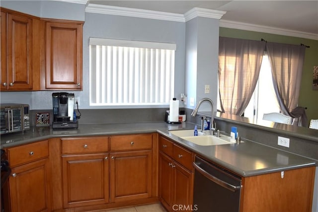 920 Nettle Ct, Corona, CA 92878 - kitchen with dishwasher, a peninsula, brown cabinets, a sink, and crown molding