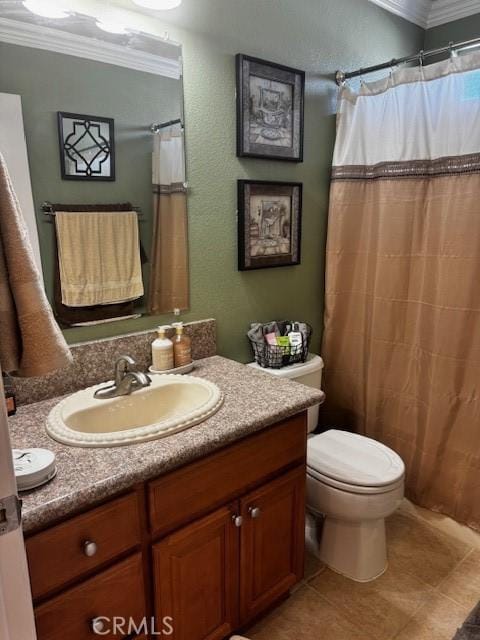 920 Nettle Ct, Corona, CA 92878 - bathroom featuring ornamental molding, toilet, vanity, tile patterned floors, and curtained shower