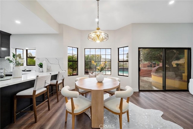 2545 Scenic Ridge Dr, Chino Hills, CA 91709 - dining room featuring dark wood finished floors, a chandelier, recessed lighting, and baseboards