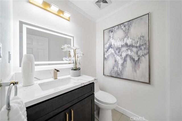 2545 Scenic Ridge Dr, Chino Hills, CA 91709 - bathroom featuring vanity, ornamental molding, toilet, tile patterned flooring, and baseboards