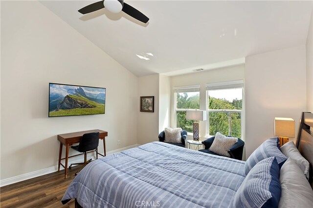 942 Lucerne Ln, Lake Arrowhead, CA 92352 - bedroom with dark wood-type flooring, baseboards, and lofted ceiling