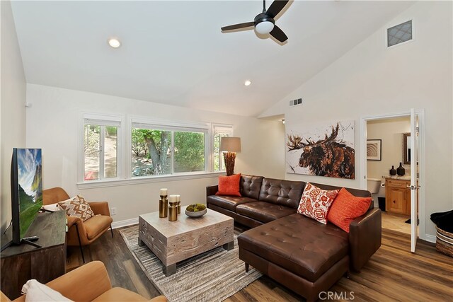 942 Lucerne Ln, Lake Arrowhead, CA 92352 - living room with ceiling fan, wood finished floors, recessed lighting, high vaulted ceiling, and baseboards
