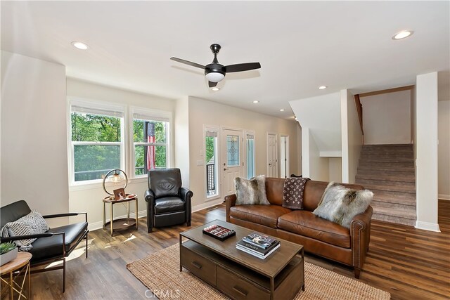 942 Lucerne Ln, Lake Arrowhead, CA 92352 - living area with wood finished floors, baseboards, a ceiling fan, stairs, and recessed lighting