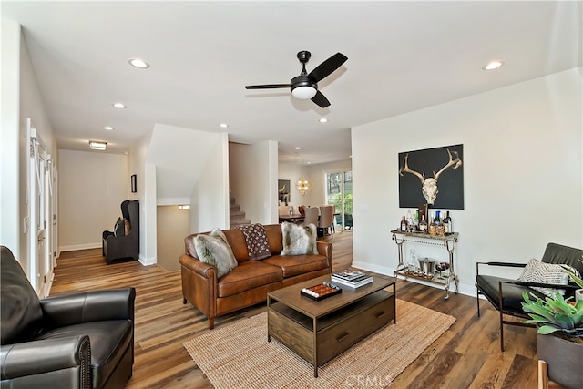 942 Lucerne Ln, Lake Arrowhead, CA 92352 - living room with stairway, wood finished floors, baseboards, recessed lighting, and a ceiling fan