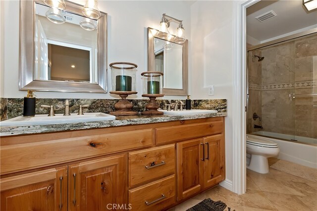 942 Lucerne Ln, Lake Arrowhead, CA 92352 - full bath with double vanity, toilet, enclosed tub / shower combo, and tile patterned flooring
