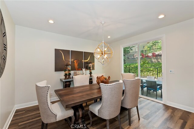 942 Lucerne Ln, Lake Arrowhead, CA 92352 - dining room featuring wood finished floors, a chandelier, recessed lighting, and baseboards