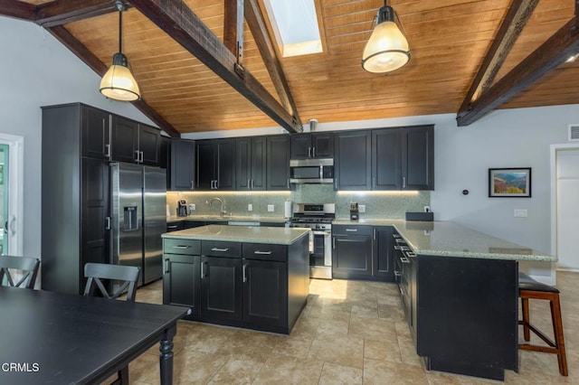 1091 Bradford Ave, Camarillo, CA 93010 - kitchen featuring stainless steel appliances, wood ceiling, dark cabinetry, a peninsula, and tasteful backsplash