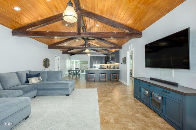 1091 Bradford Ave, Camarillo, CA 93010 - living room featuring wooden ceiling, ceiling fan, and baseboards
