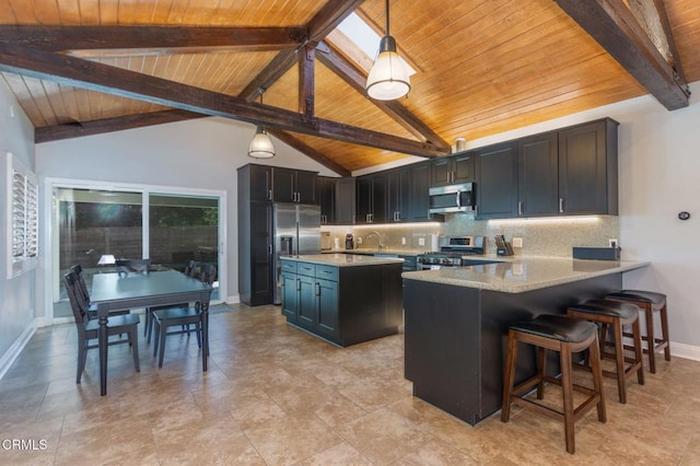 1091 Bradford Ave, Camarillo, CA 93010 - kitchen with appliances with stainless steel finishes, wooden ceiling, backsplash, baseboards, and pendant lighting