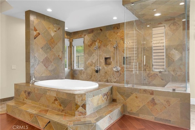7 Olympic Way, Coto De Caza, CA 92679 - full bathroom with a garden tub, a stall shower, recessed lighting, and wood finished floors