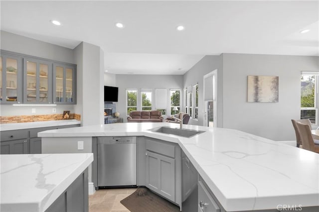 7 Olympic Way, Coto De Caza, CA 92679 - kitchen featuring stainless steel dishwasher, gray cabinets, recessed lighting, plenty of natural light, and open floor plan