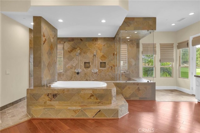 7 Olympic Way, Coto De Caza, CA 92679 - bathroom featuring a bath, wood finished floors, recessed lighting, a shower with door, and vanity