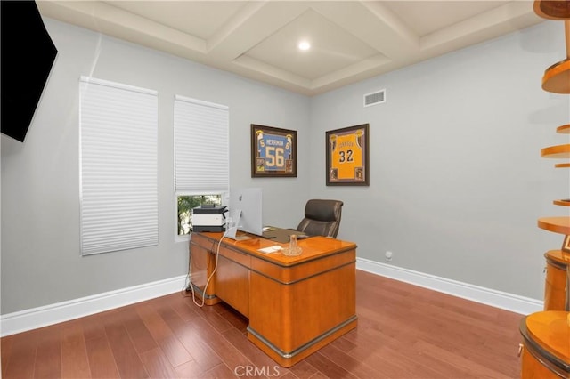 7 Olympic Way, Coto De Caza, CA 92679 - office area featuring coffered ceiling, beamed ceiling, wood finished floors, and recessed lighting