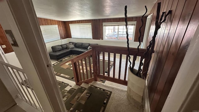 2033 Winnett St, San Diego, CA 92114 - stairs featuring wooden walls, a textured ceiling, and carpet floors