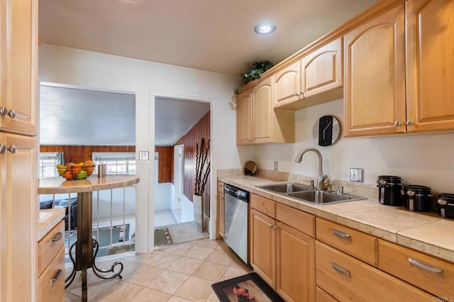 2033 Winnett St, San Diego, CA 92114 - kitchen featuring dishwasher, light brown cabinets, light tile patterned floors, and tile counters
