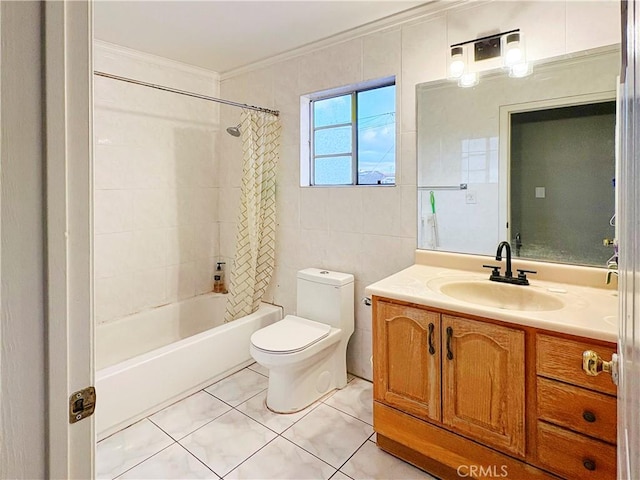 3855 Gilman Rd, El Monte, CA 91732 - full bathroom with ornamental molding, tile patterned floors, vanity, toilet, and shower / bathtub combination with curtain