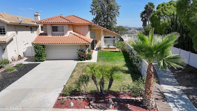 27474 Bolandra Ct, Temecula, CA 92591 - mediterranean / spanish home with stucco siding, a tiled roof, concrete driveway, a chimney, and a garage