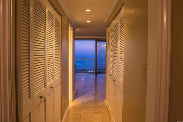 1200 N Harbor Dr Unit 15B, Oceanside, CA 92054 - corridor with recessed lighting, light tile patterned floors, and crown molding