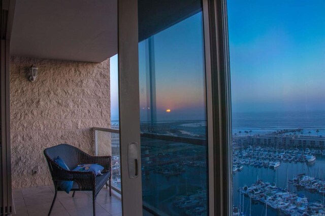 1200 N Harbor Dr Unit 15B, Oceanside, CA 92054 - balcony at dusk with view of marina and a water view