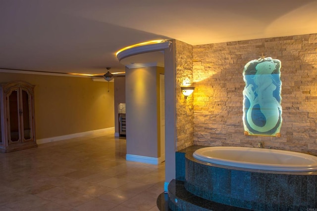 1200 N Harbor Dr Unit 15B, Oceanside, CA 92054 - full bath featuring ceiling fan, a garden tub, ornamental molding, and tile patterned floors