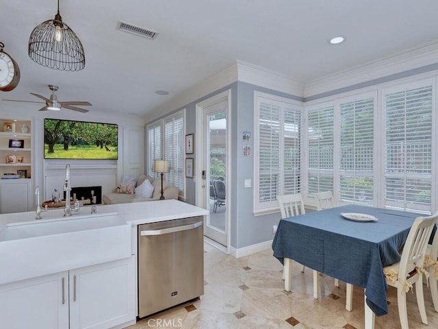 28 Covington, Mission Viejo, CA 92692 - kitchen with dishwasher, open floor plan, ceiling fan, white cabinetry, and light countertops