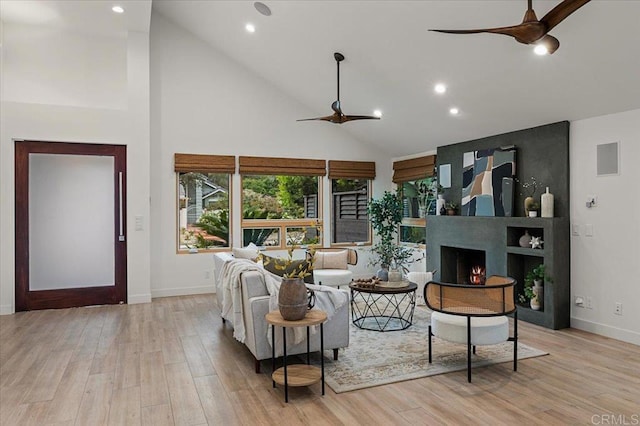 3995 Cypress Del Mar, San Diego, CA 92130 - living room featuring a ceiling fan, high vaulted ceiling, baseboards, recessed lighting, and light wood-type flooring