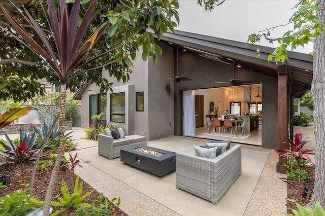3995 Cypress Del Mar, San Diego, CA 92130 - view of patio featuring a ceiling fan, an outdoor living space with a fire pit, and outdoor dining space