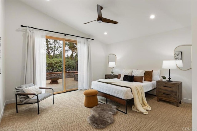 3995 Cypress Del Mar, San Diego, CA 92130 - bedroom featuring access to outside, lofted ceiling, recessed lighting, baseboards, and ceiling fan