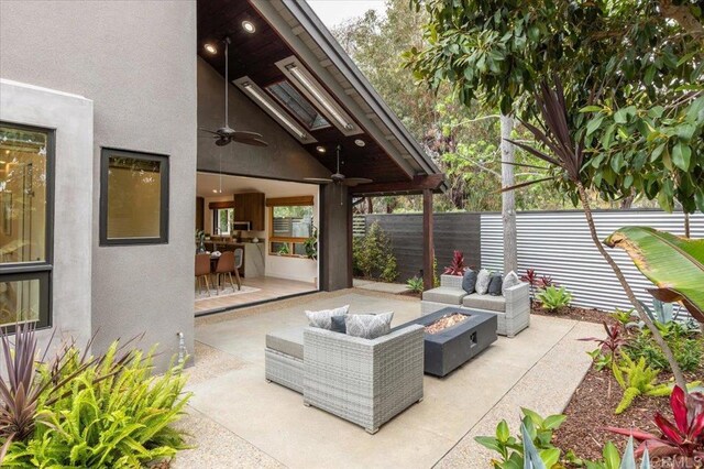 3995 Cypress Del Mar, San Diego, CA 92130 - view of patio featuring ceiling fan and an outdoor living space with a fire pit